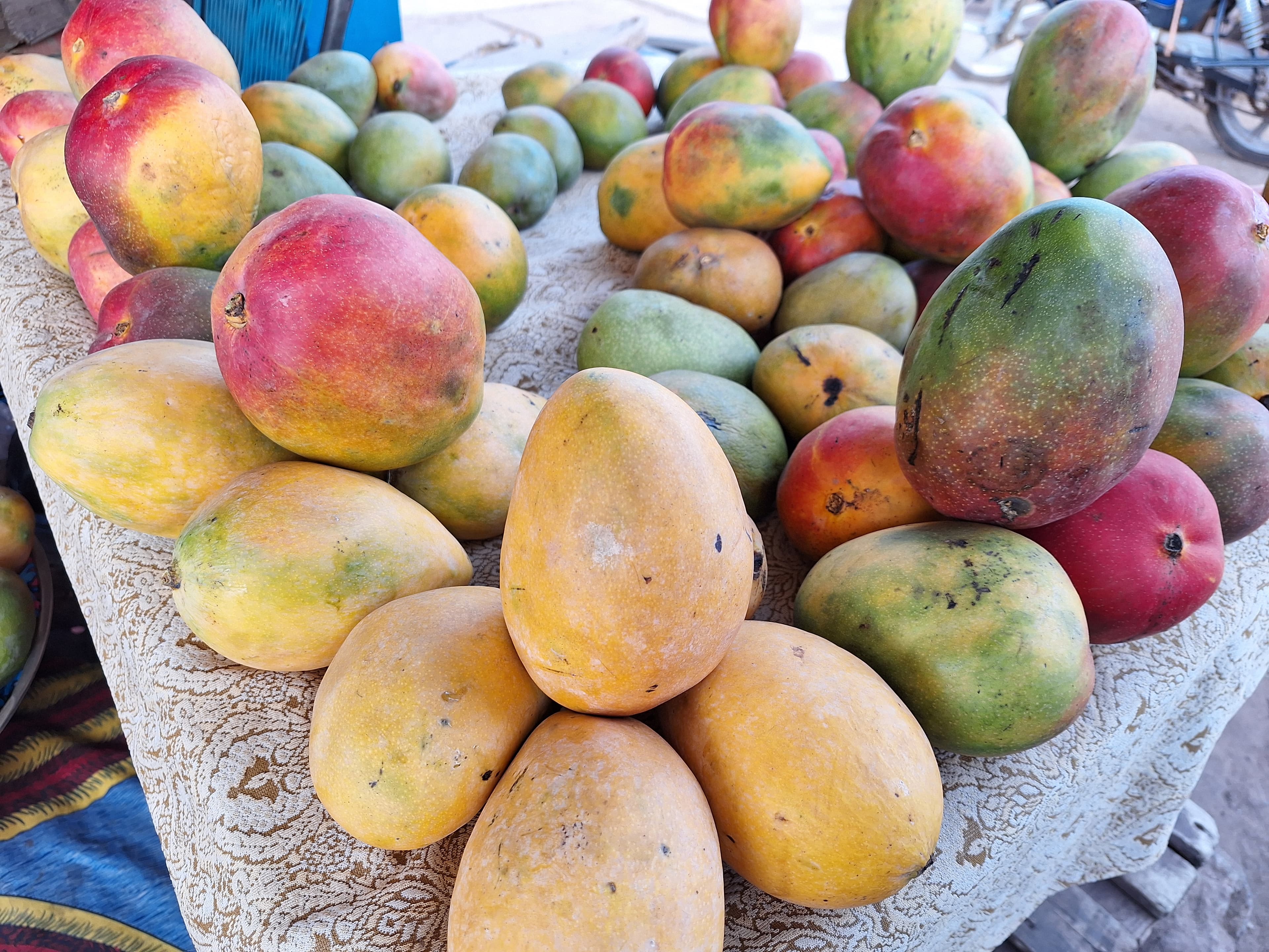 Fresh mangoes on display at a bustling market in Mali (credit: Sahel Agri-Sol / Public Domain)