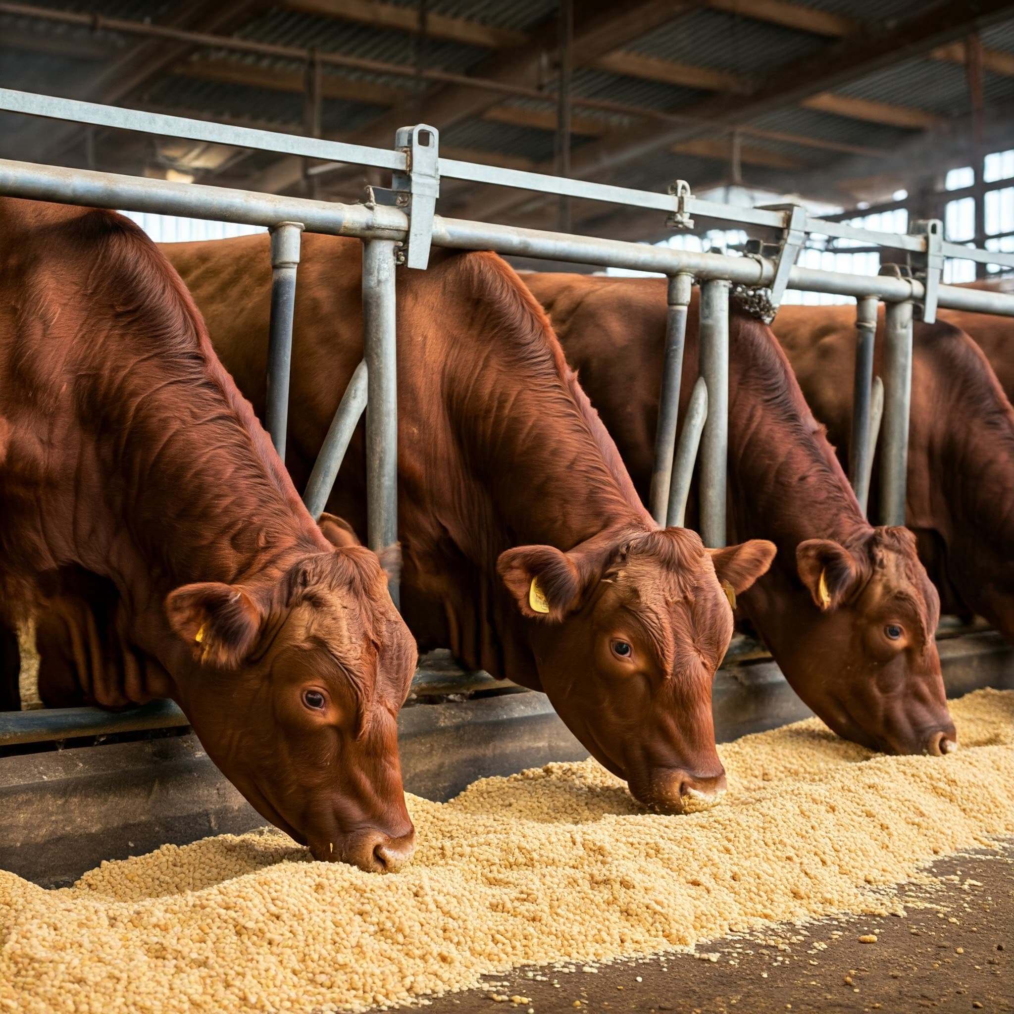 Bovini che si nutrono di torta di soia in una fattoria moderna al coperto (Immagine generata dall'IA)