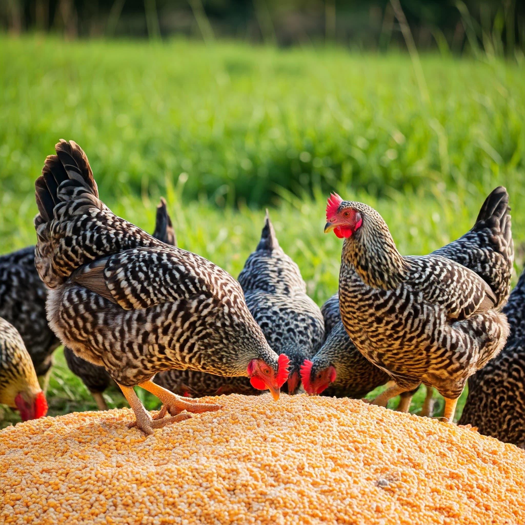 Polli che si nutrono di mais spezzato nutriente (Immagine generata dall'IA)