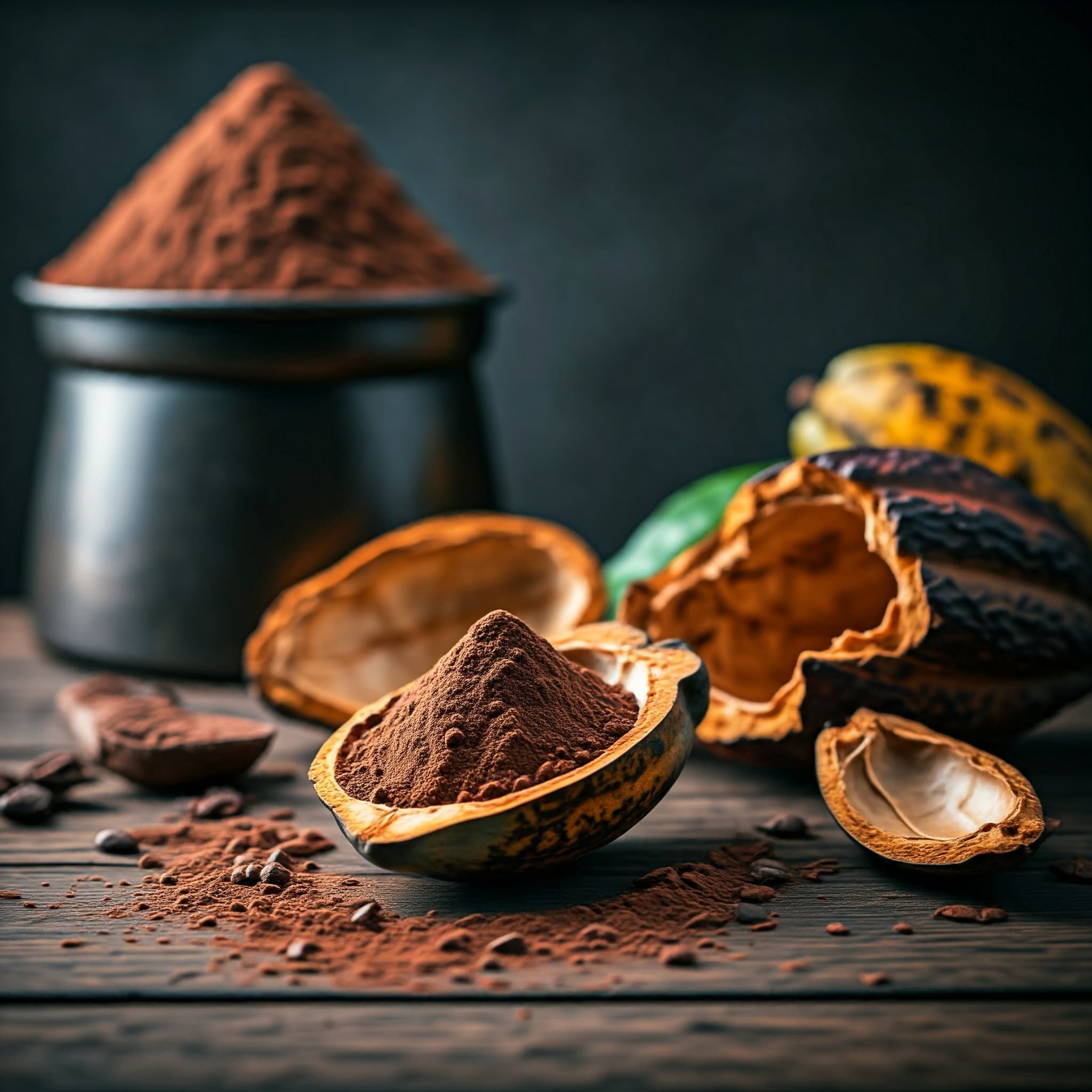 Farine de cacao utilisant des coques de cabosse de cacao comme ingrédient (Image générée par IA)