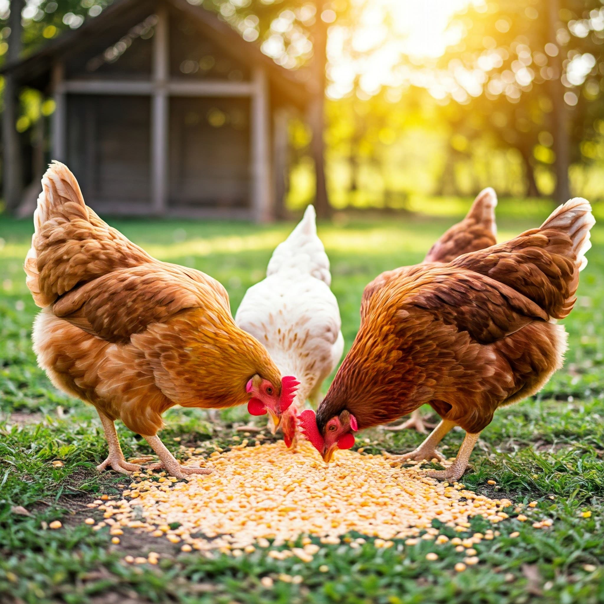 Pollos alimentándose de maíz triturado nutritivo (Imagen generada por IA)