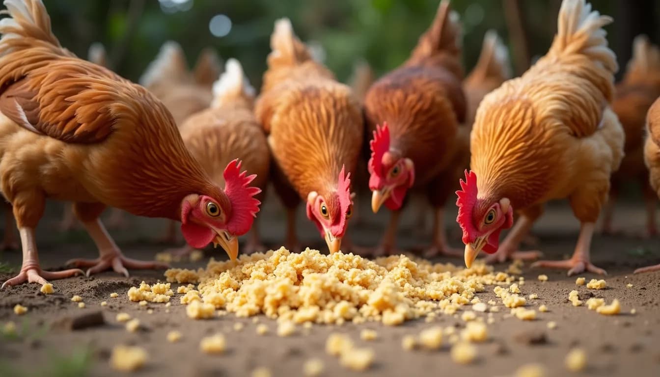 Pollos alimentándose de torta de soya desengrasada (Imagen generada por IA)