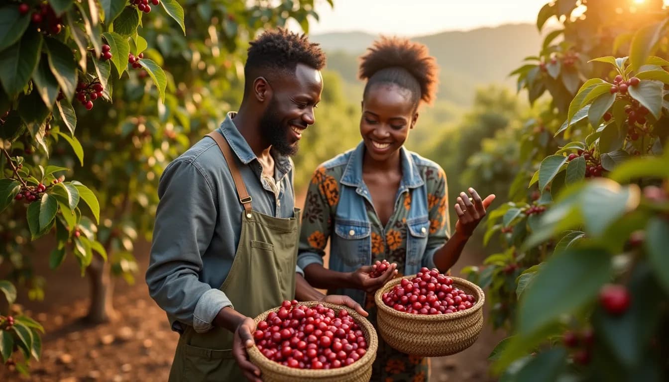 Young African farmers harvesting coffee cherries (AI-generated Image)