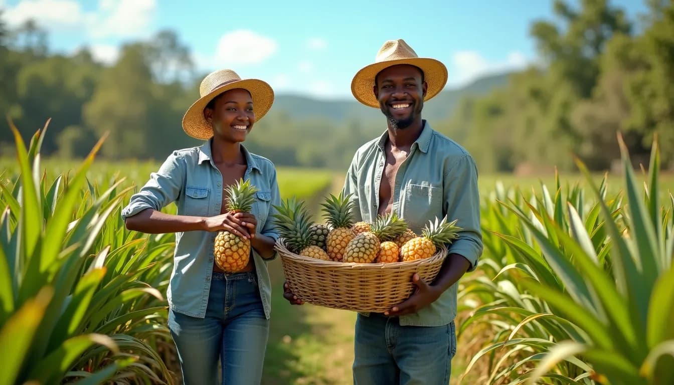 Young African Farmers harvesting ripe pineapples (AI-generated Image)