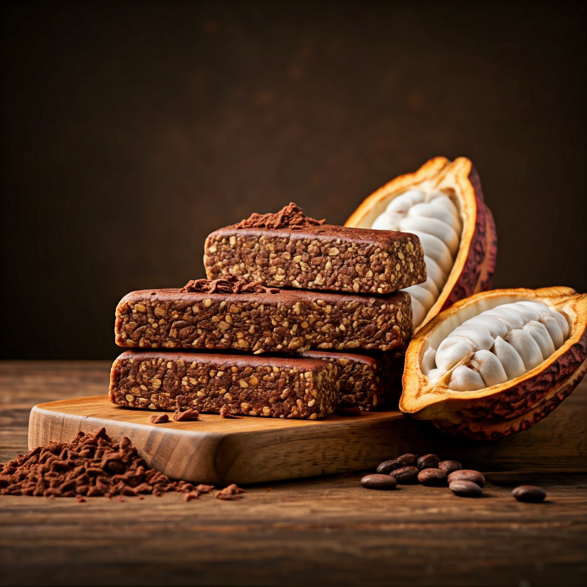 Barres énergétiques contenant de la pulpe de cacao comme ingrédient (Image générée par IA)