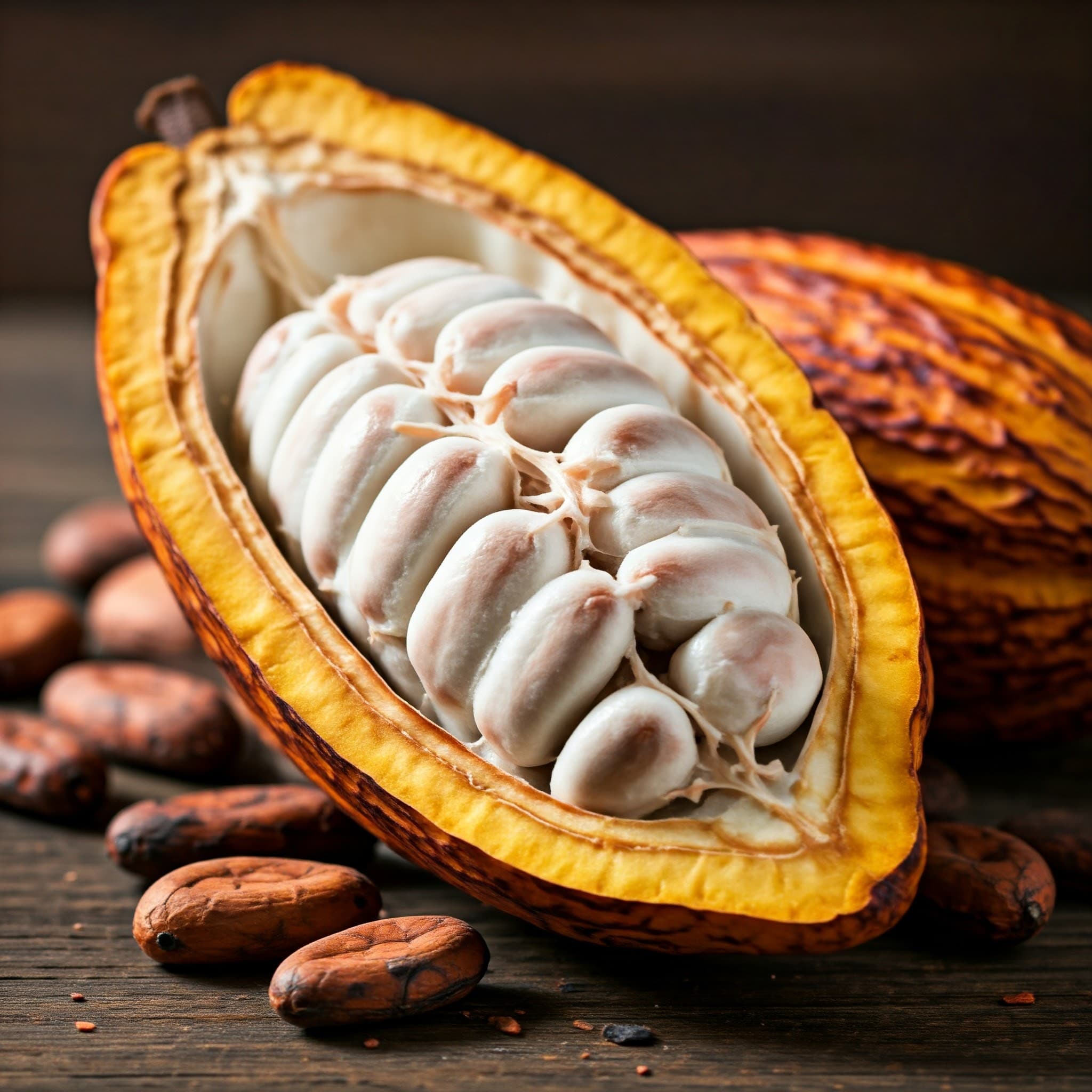 Cut cocoa pod showing fresh cocoa pulp (AI-generated Image)