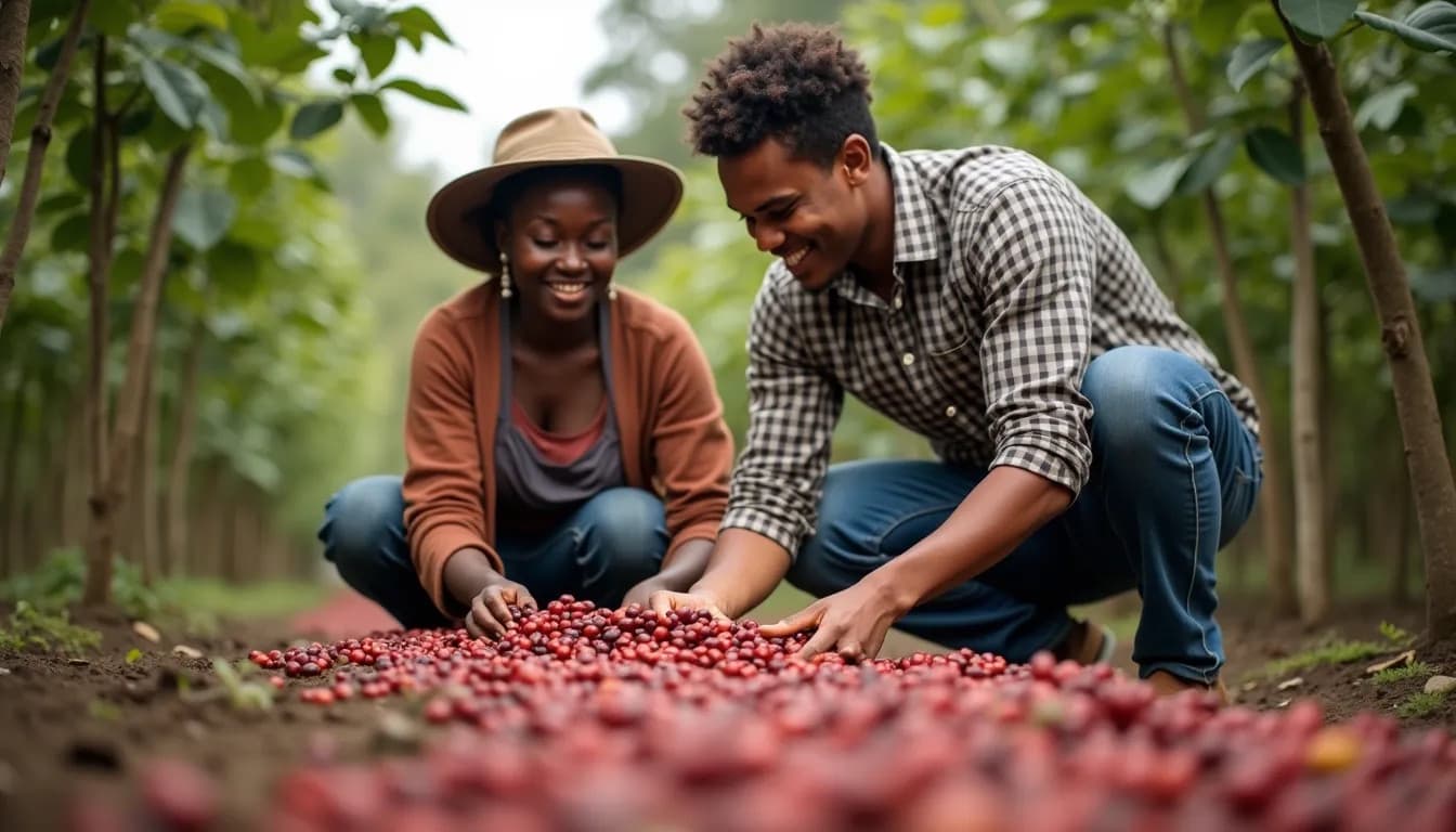 African farmers harvesting coffee cherries (AI-generated Image)