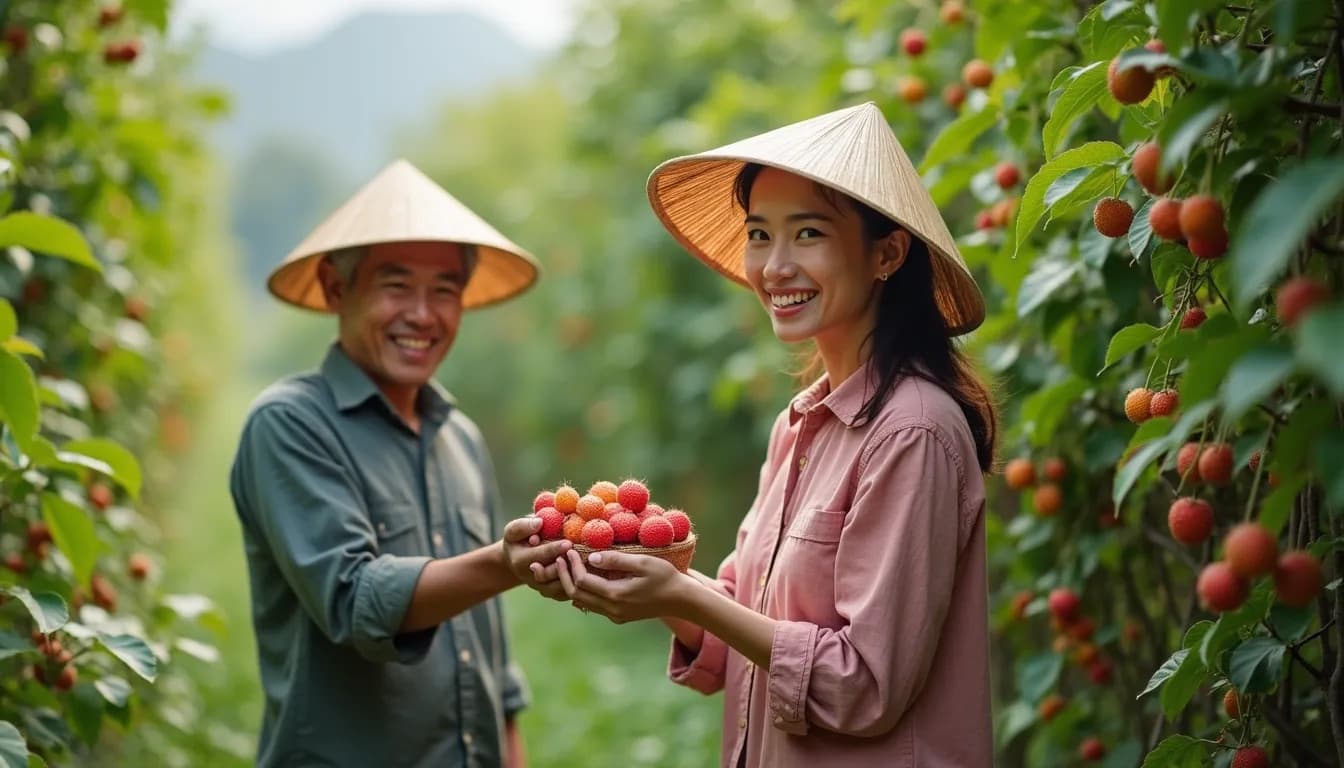 Vietnamese farmers harvesting litchis (AI-generated image)