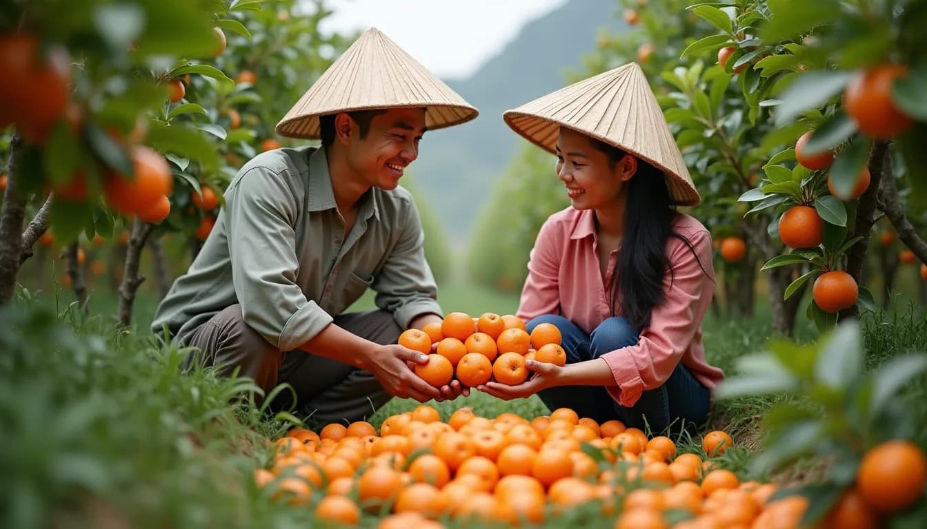 Agricoltori vietnamiti che raccolgono mandarini (Immagine generata da IA)