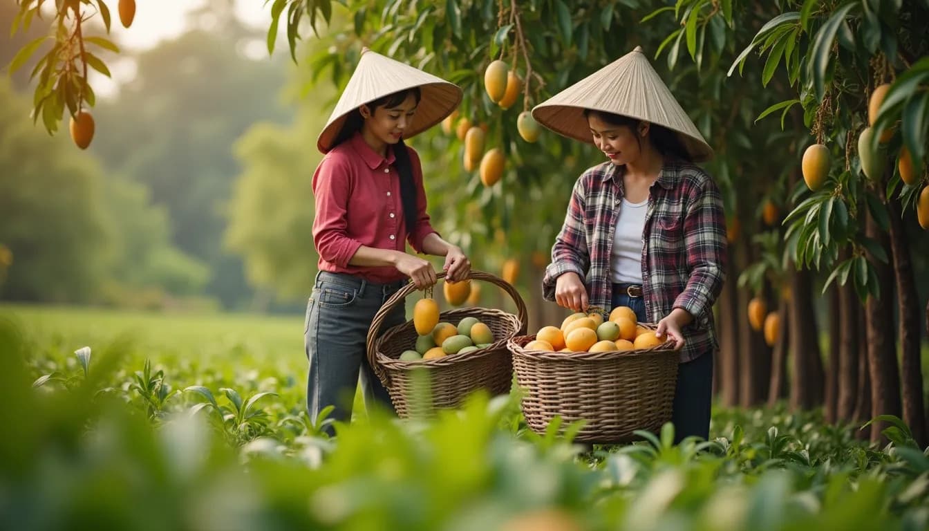Agricoltori thailandesi raccolgono mango (Immagine generata da IA)
