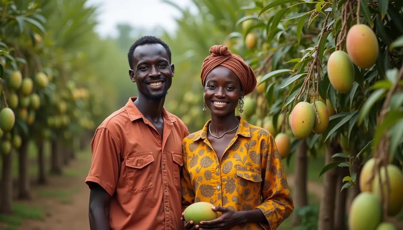 African farmers harvesting mangoes (AI-generated Image)