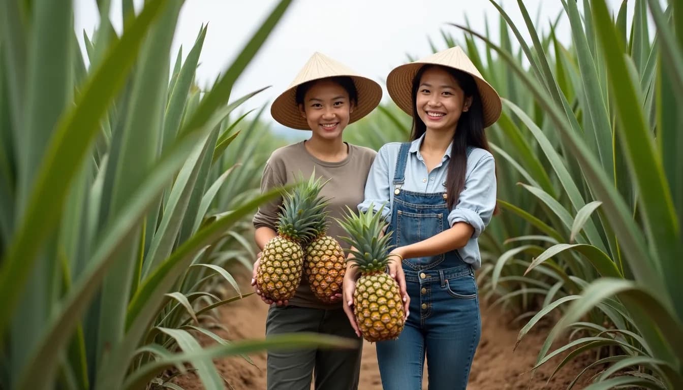 Agricoltori vietnamiti che raccolgono ananas (immagine generata da IA)