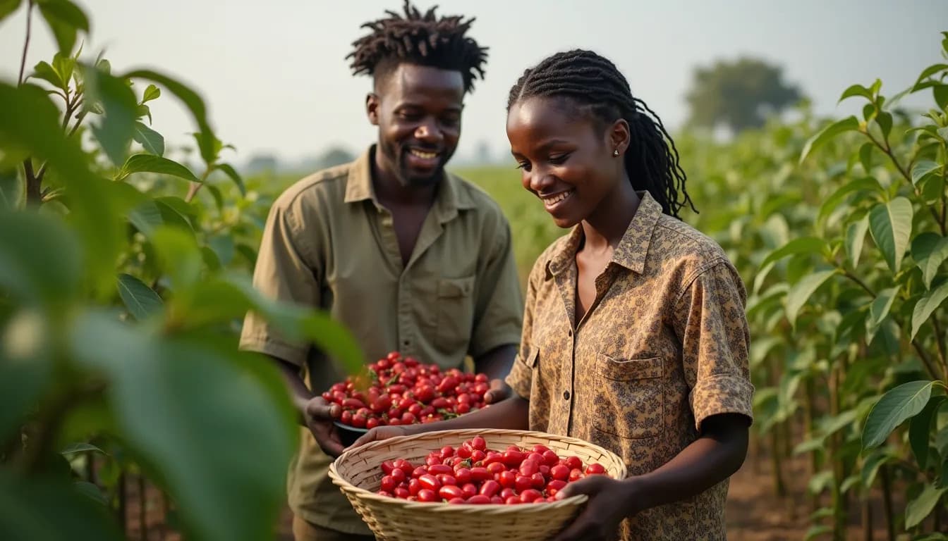 Agricoltori africani raccolgono pomodori (Immagine generata da IA)