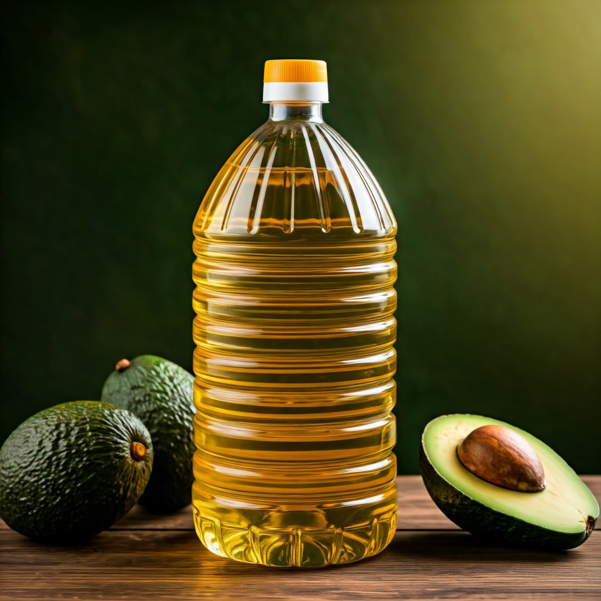 Edible avocado oil in 10 L plastic bottles (AI-Generated Image)
