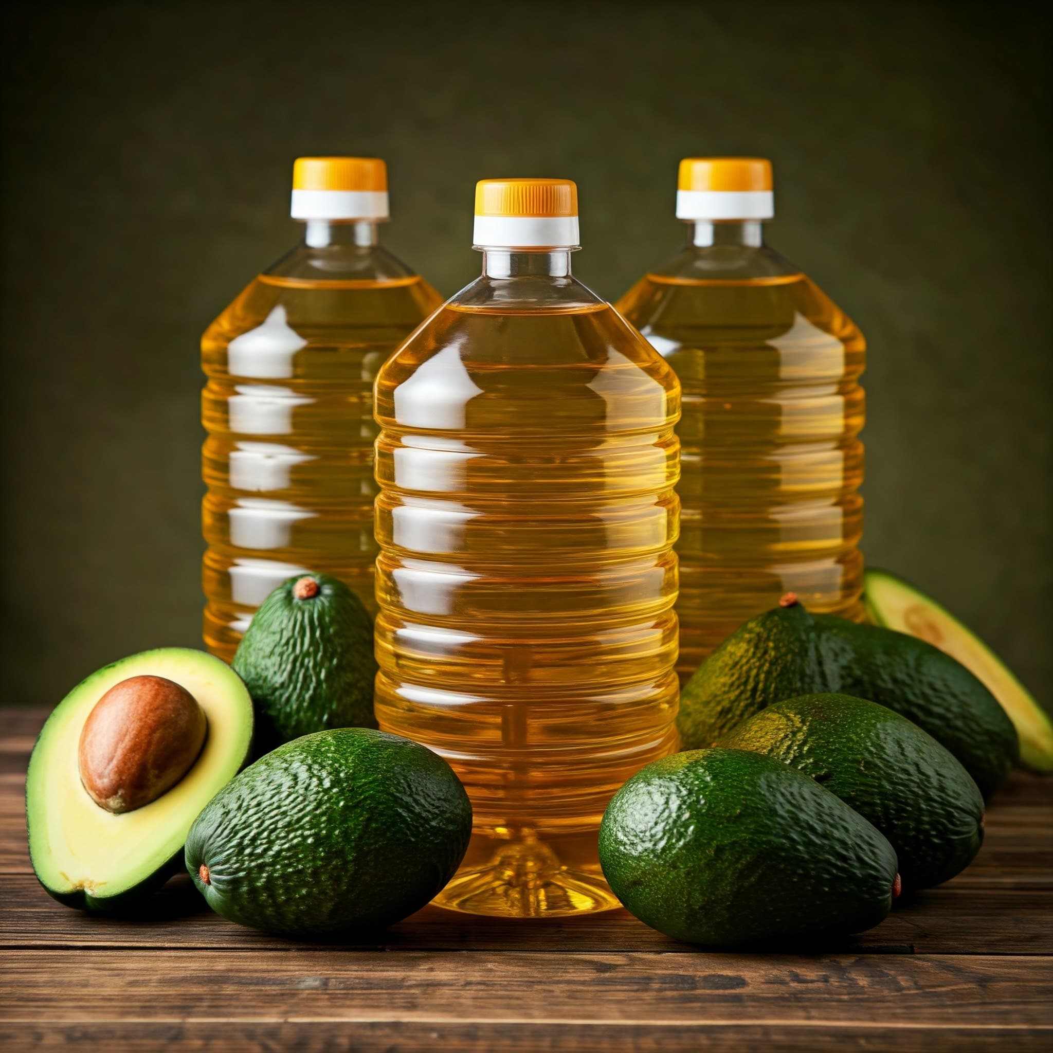Edible avocado oil in 5 L plastic bottles (AI-Generated Image)