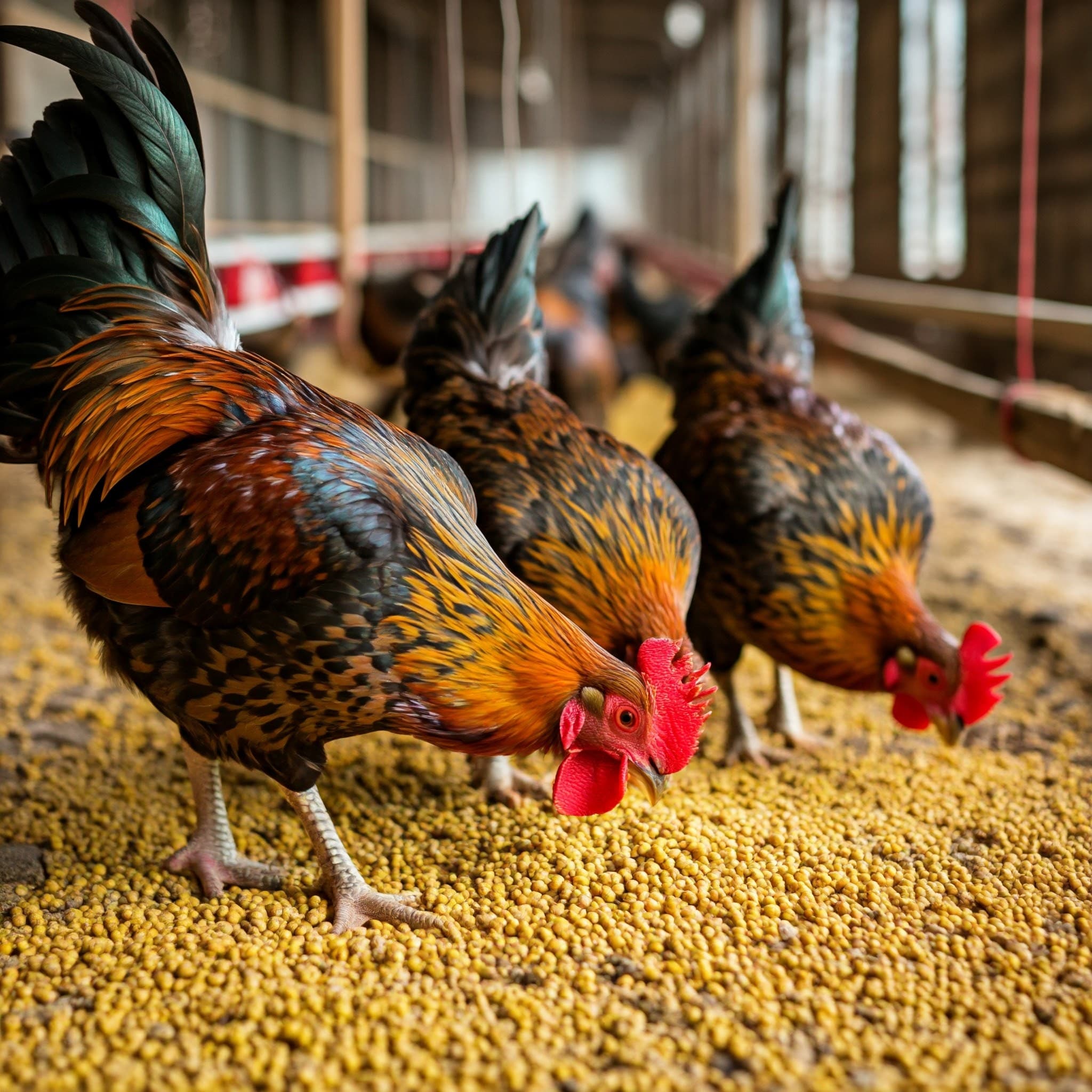 Gallos alimentándose de torta de soya desengrasada (Imagen generada por IA)