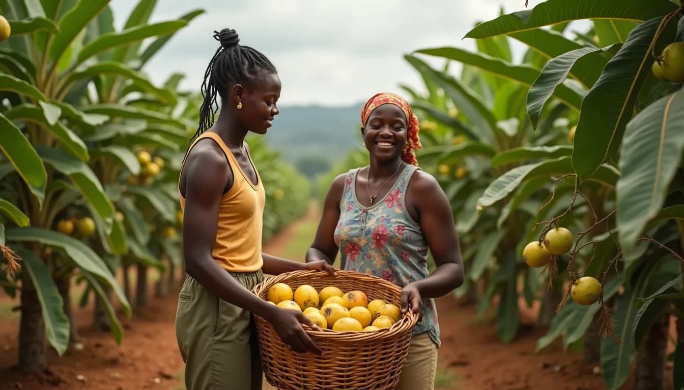 Petani perempuan Uganda sedang memanen buah (Gambar yang dihasilkan oleh AI)