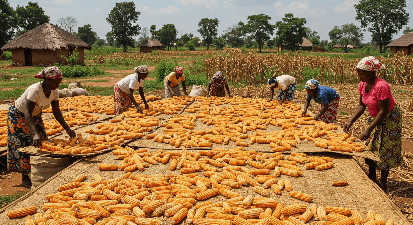 Togolese women farmers drying harvested maize (AI-generated image)