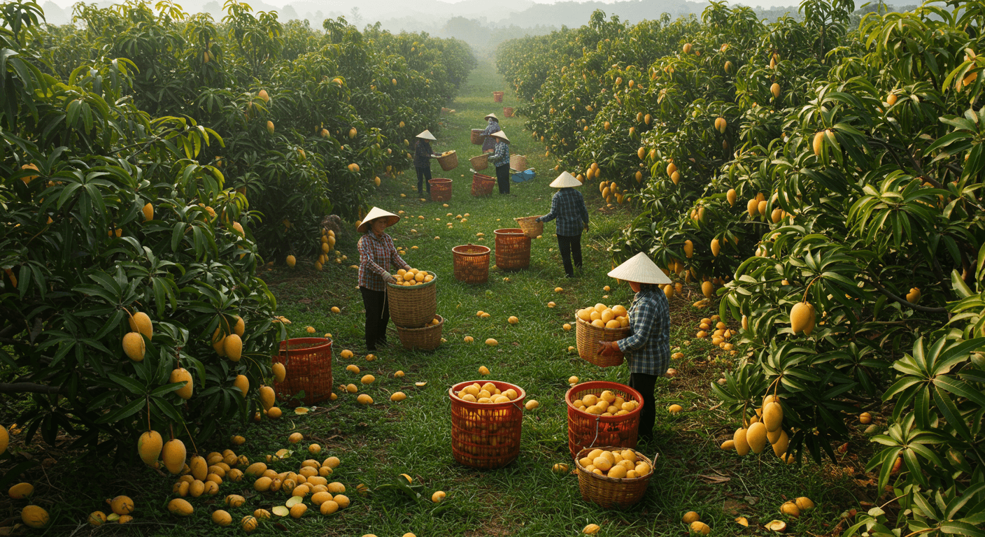 Farmers are harvesting mangoes in Vietnam (AI-generated image)