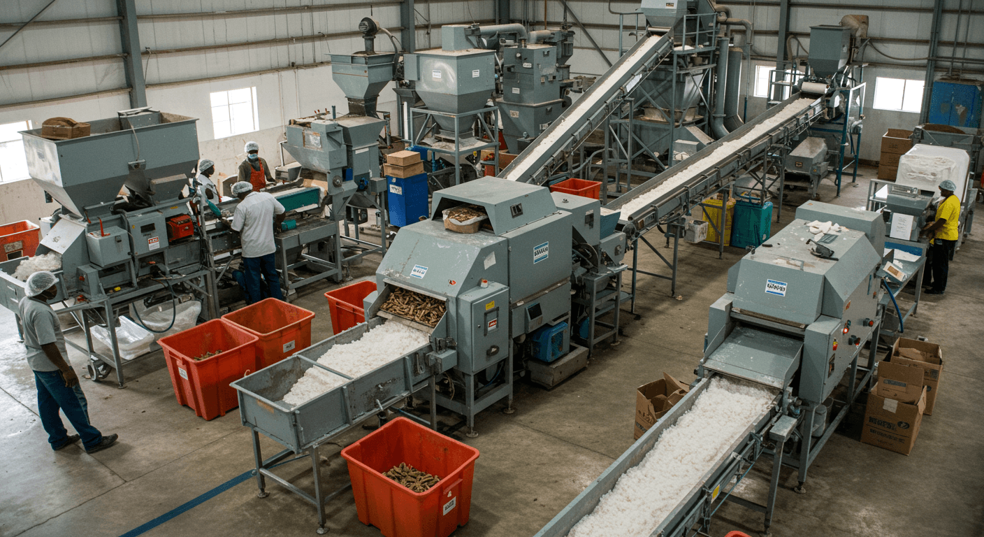 Ligne de production de farine de manioc (image générée par IA)