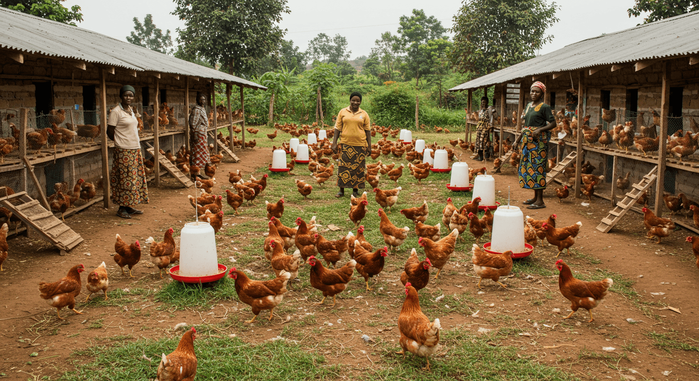 Une ferme de volailles en Ouganda (image générée par IA)