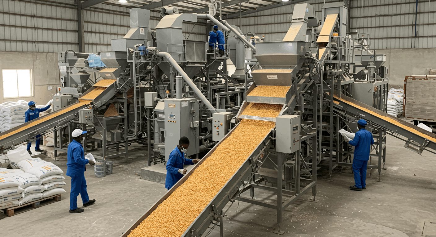Linha de produção de farinha de milho (imagem gerada por IA)