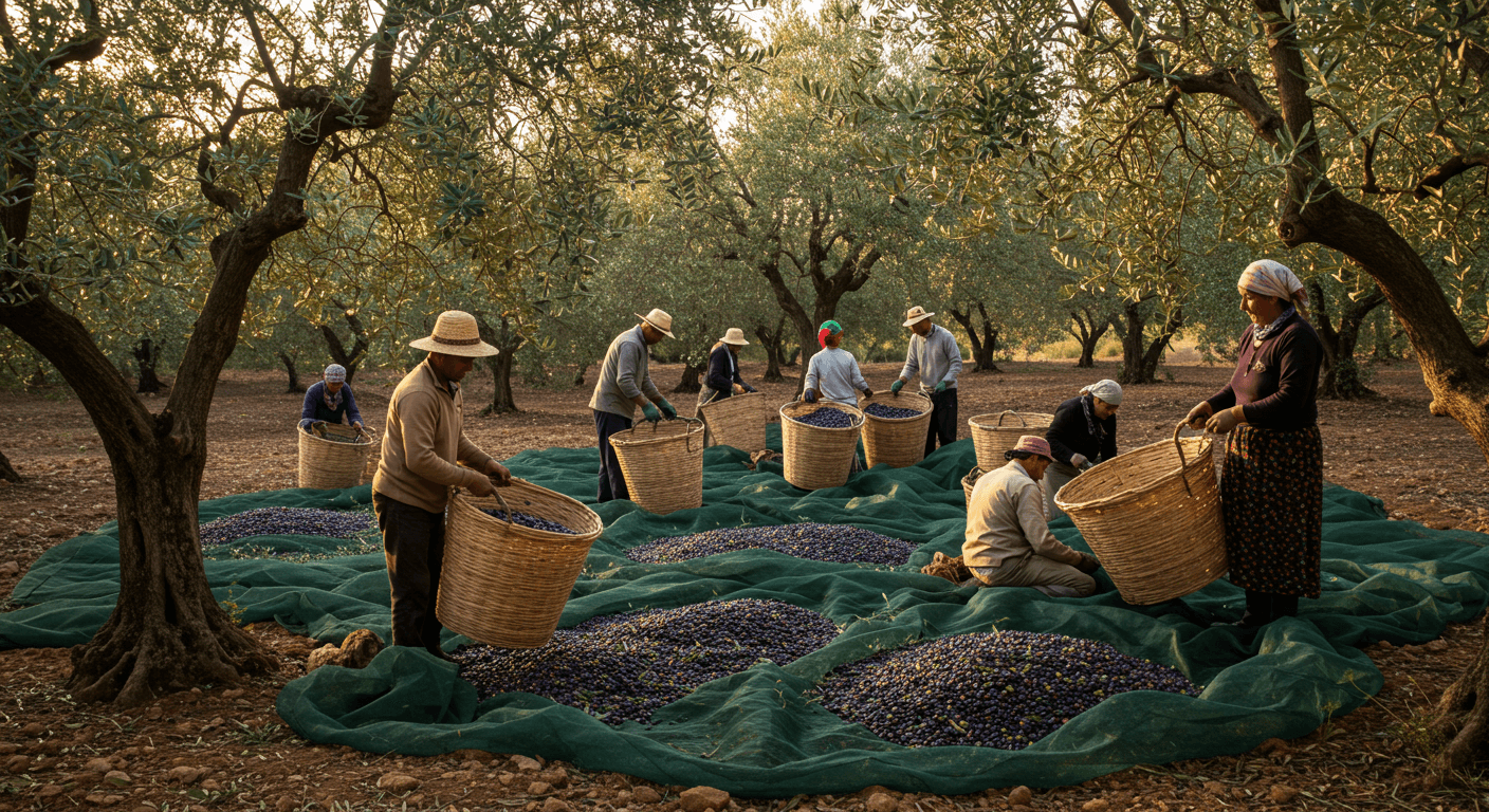 A group of farmers harvesting olives in Tunisia (AI-generated image)