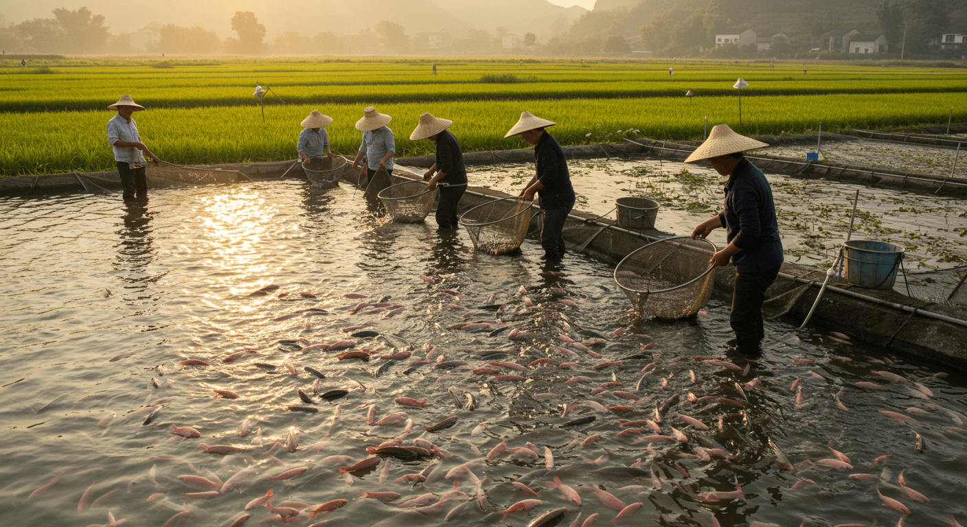 A group of farmers taking care of a tilapia pond in China (AI-generated image)