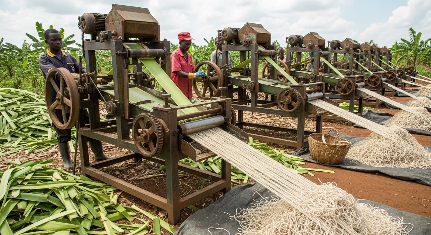 Banana-fiber extraction machines in Uganda (AI-generated image).
