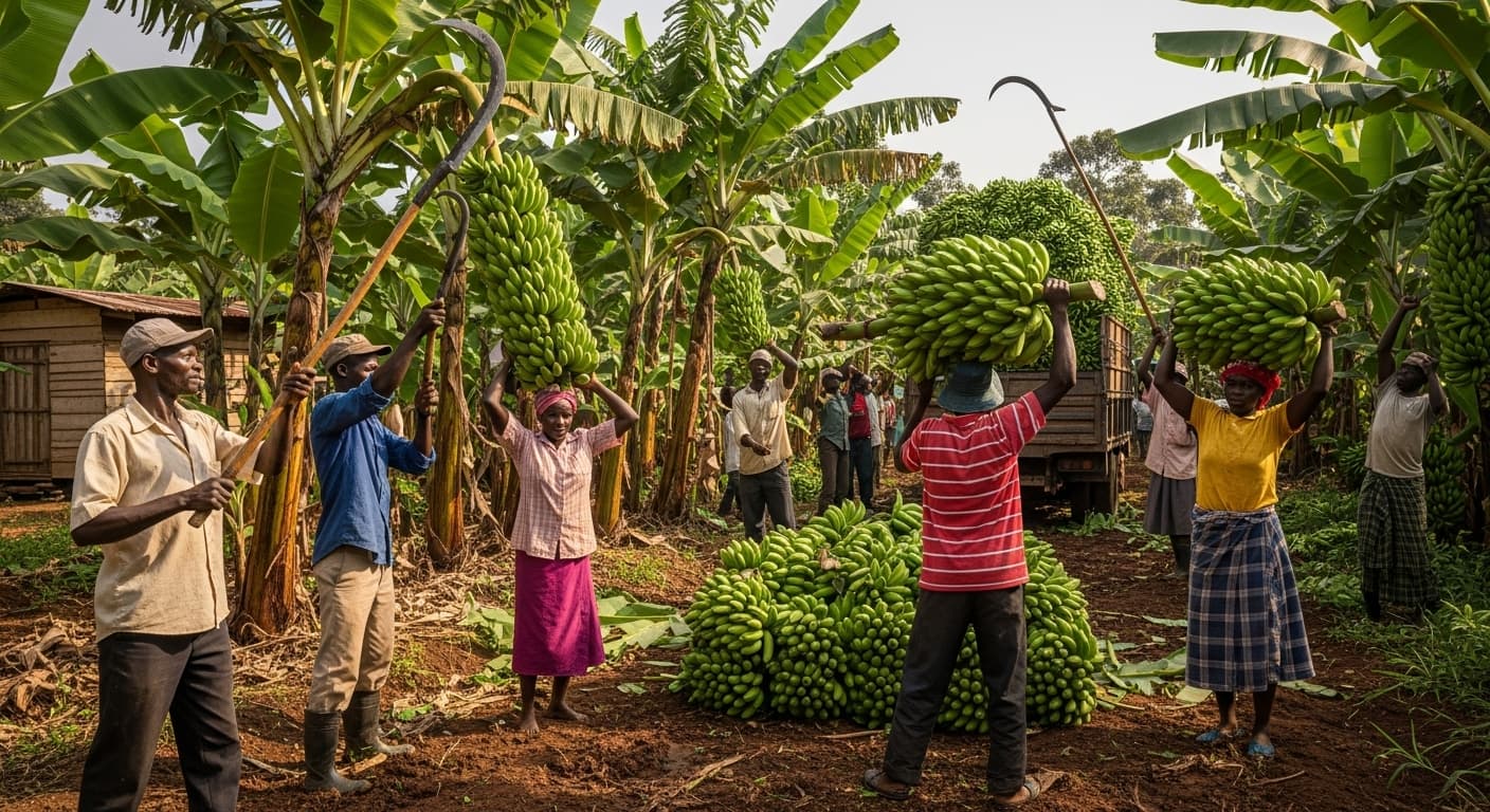 Agricultores colhendo bananas em Uganda (imagem gerada por IA).
