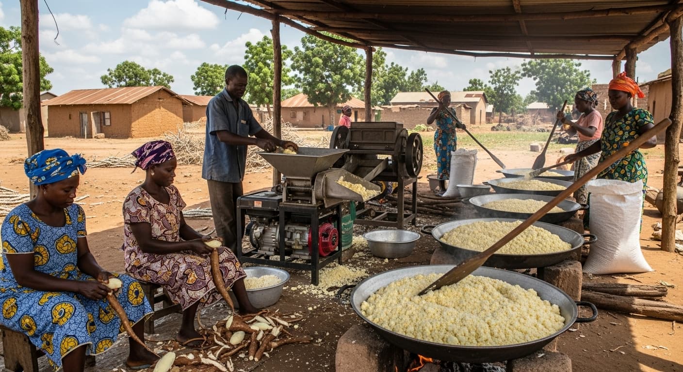 Small-scale gari production line in Nigeria (AI-generated image).