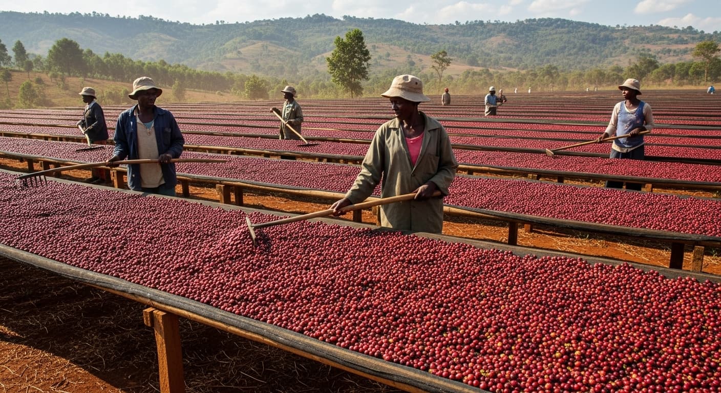 Espace extérieur de séchage du café avec des cerises et des grains de café en Ouganda (image générée par IA)