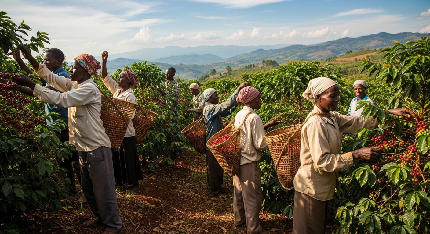 Les Agriculteurs récoltent du café en Ouganda (image générée par IA)