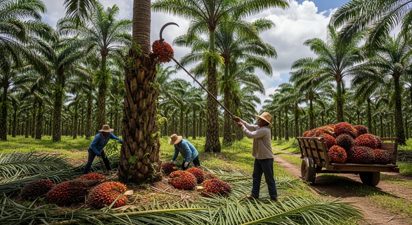 Farmers are harvesting bunches of oil-palm fruit at a palm-oil plantation in Ecuador (AI-generated image).