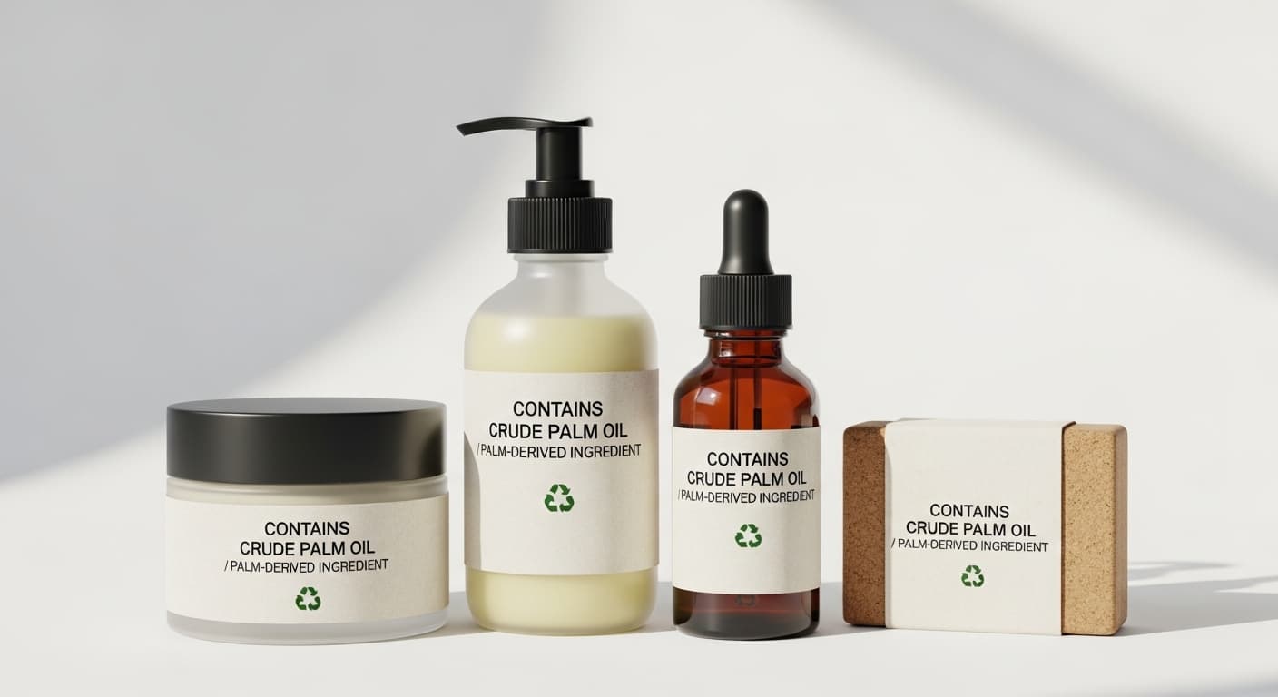 Premium cosmetics set (face cream jar, pump-lotion bottle, amber dropper bottle, and soap bar) clearly labeled “Contains crude palm oil / palm-derived ingredient.” (AI-generated image)