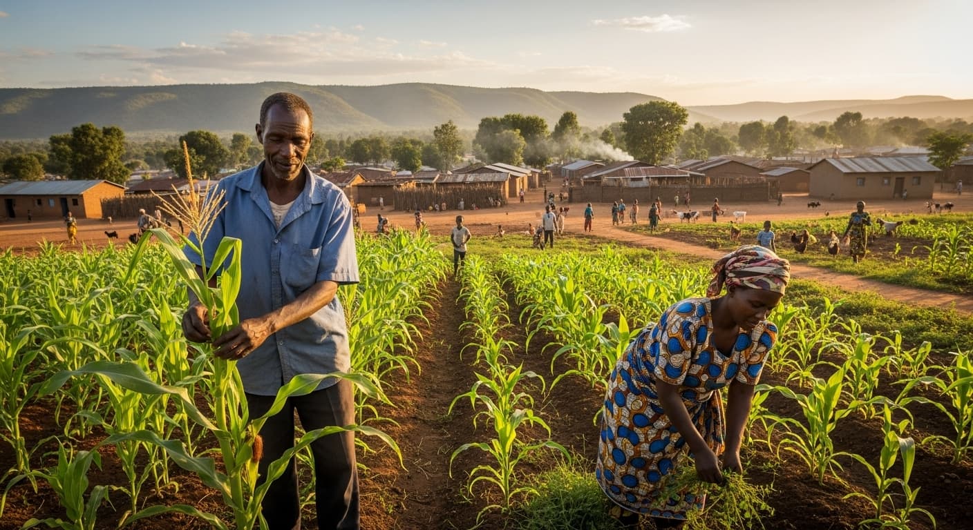 Farmers working in a maize field in Kenya (AI-generated image).