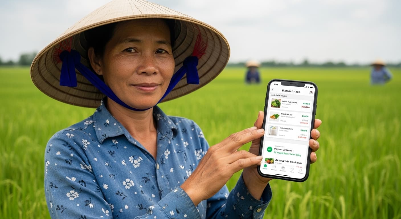 A Vietnamese farmer is holding a smartphone that displays a simple e-marketplace UI with orders and payment confirmations (AI-generated image).