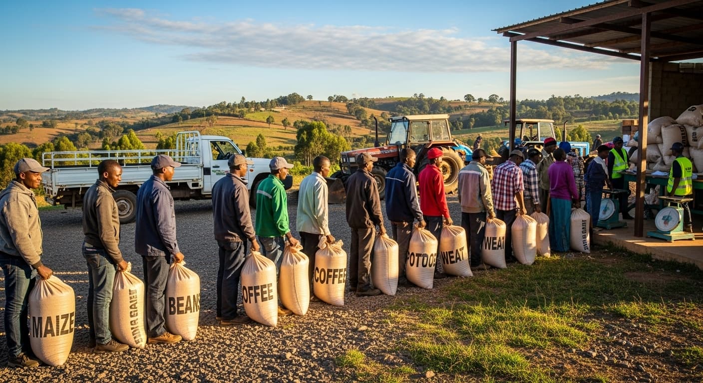 Farmers are lining up with labeled sacks at a well-organized rural collection point in Kenya (AI-generated image).